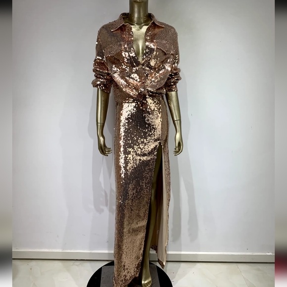 Sexy Turn-down Collar Long Sleeve Gold Mesh Sequins Midi Skirt Set - Picture 7 of 10